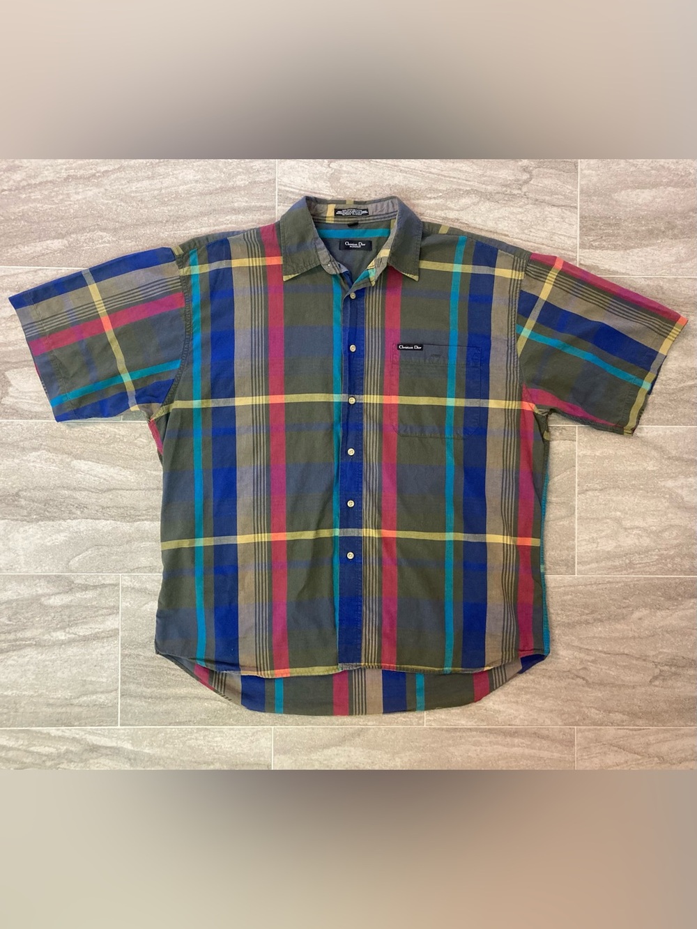 Vintage Christian Dior Olive Multicolor Plaid Short-Sleeve Button-Up Men’s XL